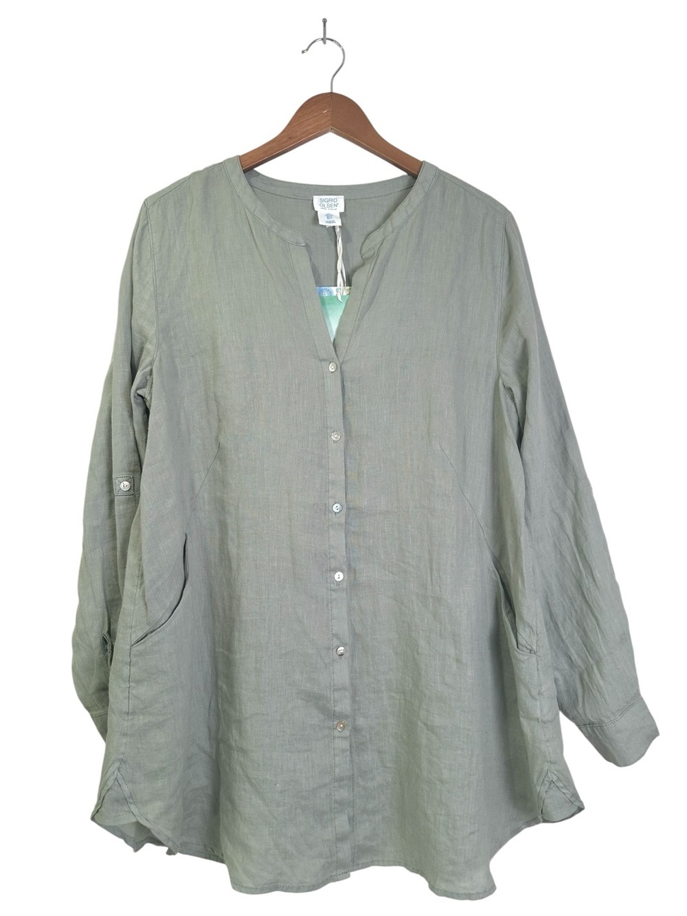Sigrid Olsen Women’s L Light Sage Green Linen Button-Front Tunic